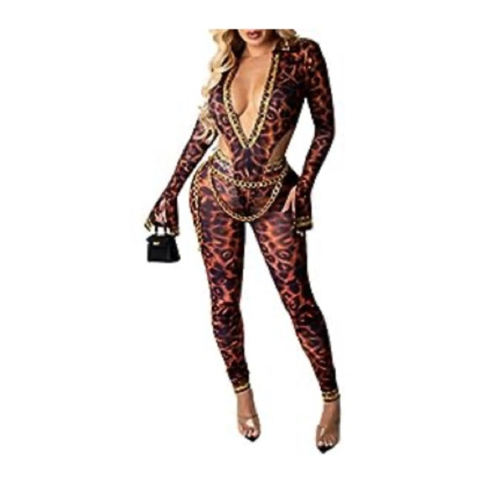 Brown and Gold Animal Print Jumpsuit with Plunging V-Neck